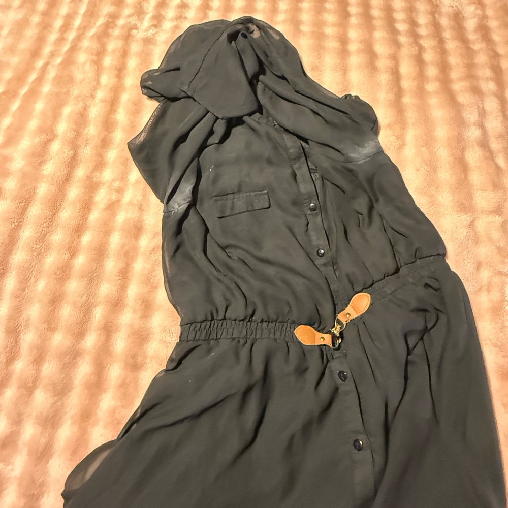 Black Button-Front Shirt Dress with Belt - Picture 3 of 4